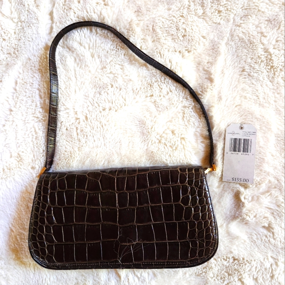 Anne Klein Brown Crocodile Pattern Leather Shoulder Bag